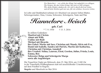 Traueranzeige von Hannelore Meisch von Südthüringer Presse