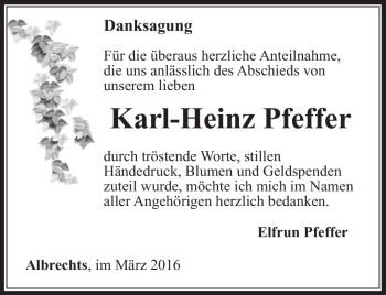 Traueranzeige von Karl-Heinz Pfeffer von Südthüringer Presse