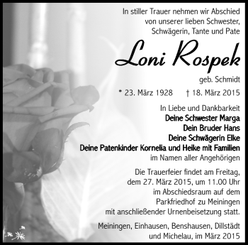 Traueranzeige von Loni Rospek von Südthüringer Presse