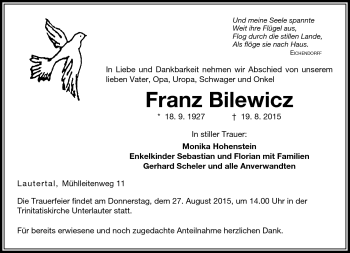 Traueranzeige von Franz Bilewicz von Neue Presse Coburg