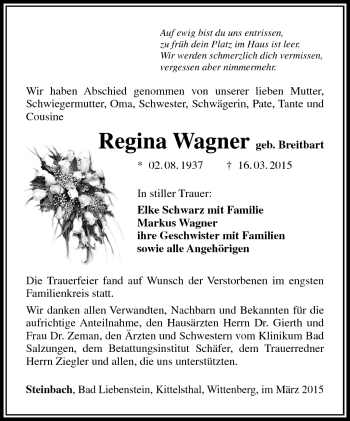 Traueranzeige von Regina Wagner von Südthüringer Presse