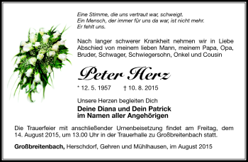 Traueranzeige von Peter Herz von Südthüringer Presse