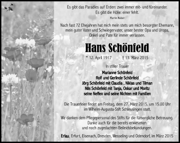 Traueranzeige von Hans Schönfeld von Südthüringer Presse
