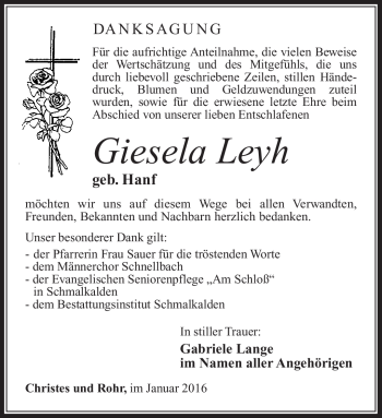 Traueranzeige von Gisela Leyh von Südthüringer Presse