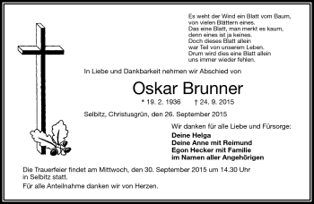 Traueranzeige von Oskar Brunner von Frankenpost