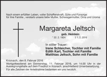 Traueranzeige von Margareta Jeltsch von Neue Presse Coburg