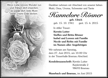 Traueranzeige von Hannelore Rösner von Südthüringer Presse