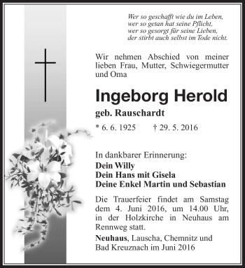 Traueranzeige von Ingborg Herold von Südthüringer Presse