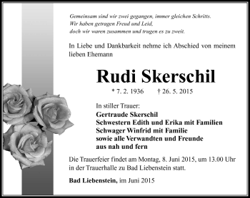 Traueranzeige von Rudi Skerschil von Südthüringer Presse