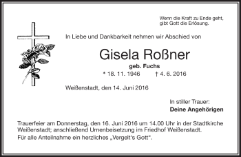 Traueranzeige von Gisela Roßner von Frankenpost