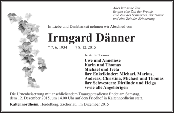 Traueranzeige von Irmgard Dänner von Südthüringer Presse