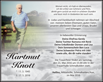 Traueranzeige von Hartmut Knott von Südthüringer Presse
