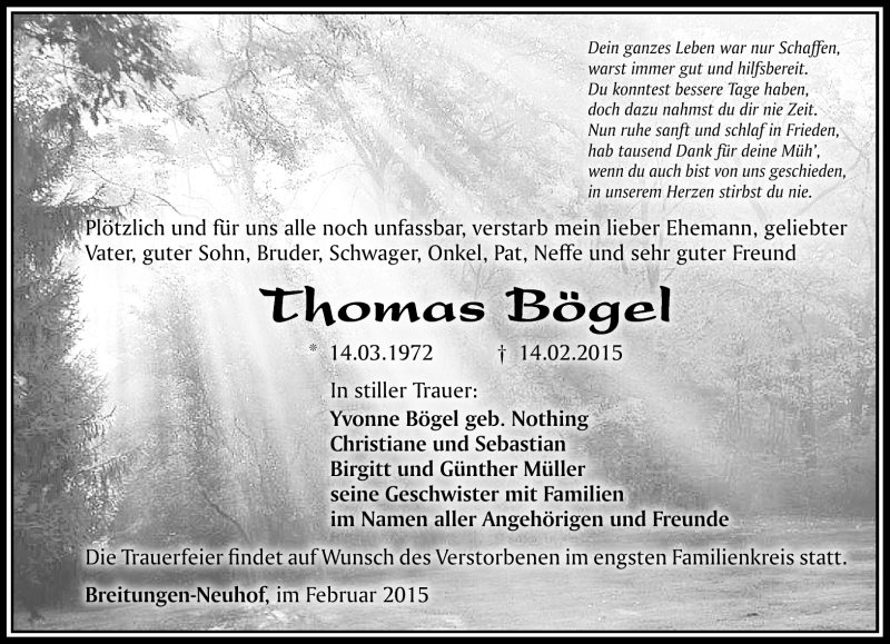  Traueranzeige für Thomas Bögel vom 21.02.2015 aus Südthüringer Presse