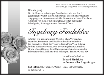 Traueranzeige von Ingeburg Findeklee von Südthüringer Presse