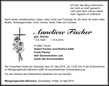 Traueranzeige von Anneliese Fischer von Südthüringer Presse