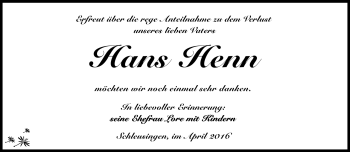 Traueranzeige von Hans Henn von Südthüringer Presse