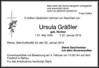 Traueranzeige von Ursula Gräßler von Frankenpost