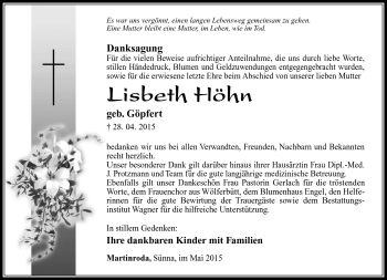 Traueranzeige von Lisbeth Höhn von Südthüringer Presse