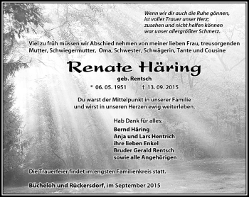 Traueranzeige von Renate Häring von Südthüringer Presse