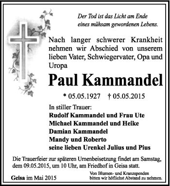 Traueranzeige von Paul Kammandel von Südthüringer Presse
