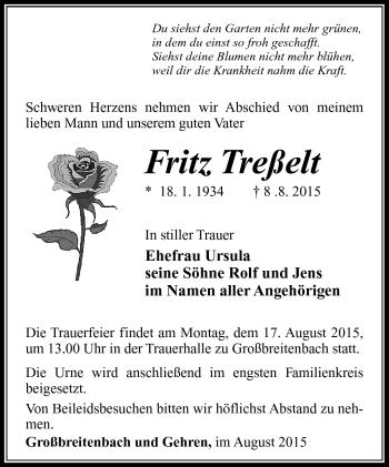 Traueranzeige von Fritz Treßelt von Südthüringer Presse