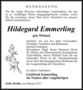 Traueranzeige von Hildegard Emmerling von Südthüringer Presse