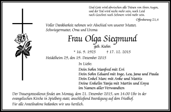 Traueranzeige von Olga Siegmund von Frankenpost