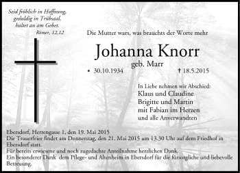 Traueranzeige von Johanna Knorr von Neue Presse Coburg