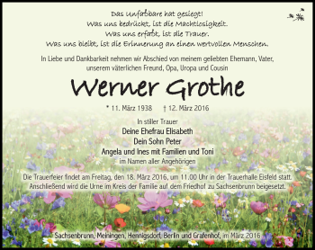 Traueranzeige von Werner Grothe von Südthüringer Presse