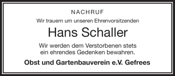 Traueranzeige von Hans Schaller von Frankenpost