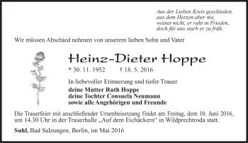 Traueranzeige von Heinz-Dieter Hoppe von Südthüringer Presse