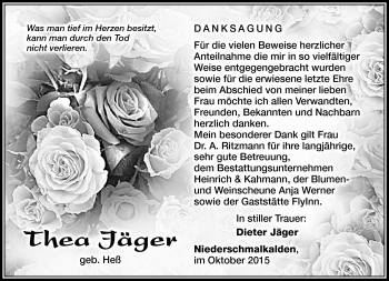 Traueranzeige von Thea Jäger von Südthüringer Presse