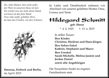 Traueranzeige von Hildegard Schmitt von Südthüringer Presse