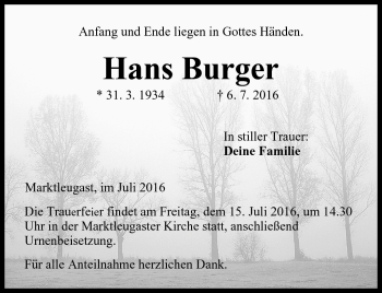 Traueranzeige von Hans Burger von Frankenpost