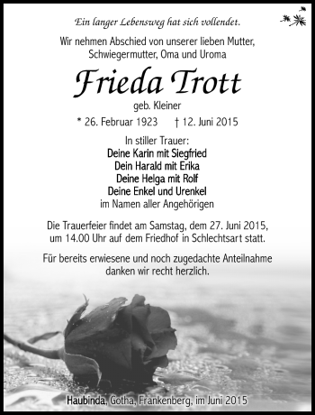 Traueranzeige von Frieda Trott von Südthüringer Presse