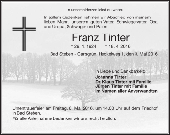 Traueranzeige von Franz Tinter von Frankenpost