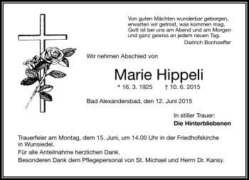 Traueranzeige von Marie Hippeli von Frankenpost