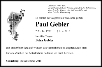 Traueranzeige von Paul Gebler von Südthüringer Presse