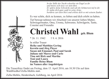 Traueranzeige von Christel Wahl von Südthüringer Presse