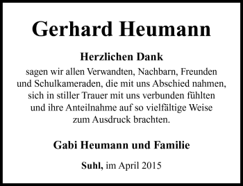 Traueranzeige von Gerhard Heumann von Südthüringer Presse