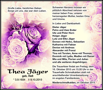 Traueranzeige von Thea Jäger von Südthüringer Presse