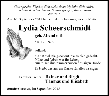 Traueranzeige von Lydia Scheerschmidt von Südthüringer Presse