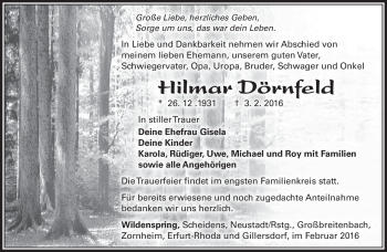 Traueranzeige von Hilmar Dörnfeld von Südthüringer Presse