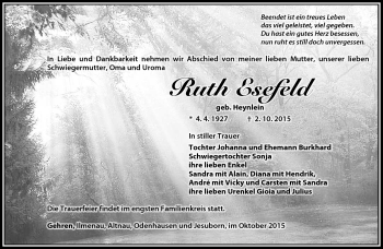 Traueranzeige von Ruth Esefeld von Südthüringer Presse