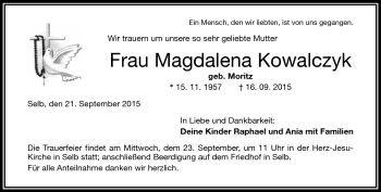 Traueranzeige von Magdalena Kowalczyk von Frankenpost