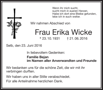 Traueranzeige von Erika Wicke von Frankenpost