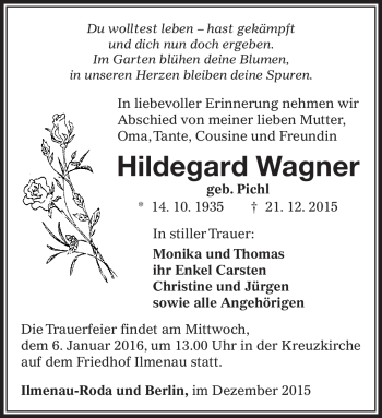Traueranzeige von Hildegard Wagner von Südthüringer Presse