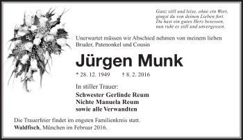 Traueranzeige von Jürgen Munk von Südthüringer Presse