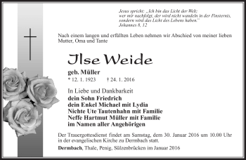 Traueranzeige von Ilse Weide von Südthüringer Presse