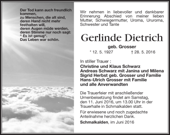 Traueranzeige von Gerlinde Dietrich von Südthüringer Presse